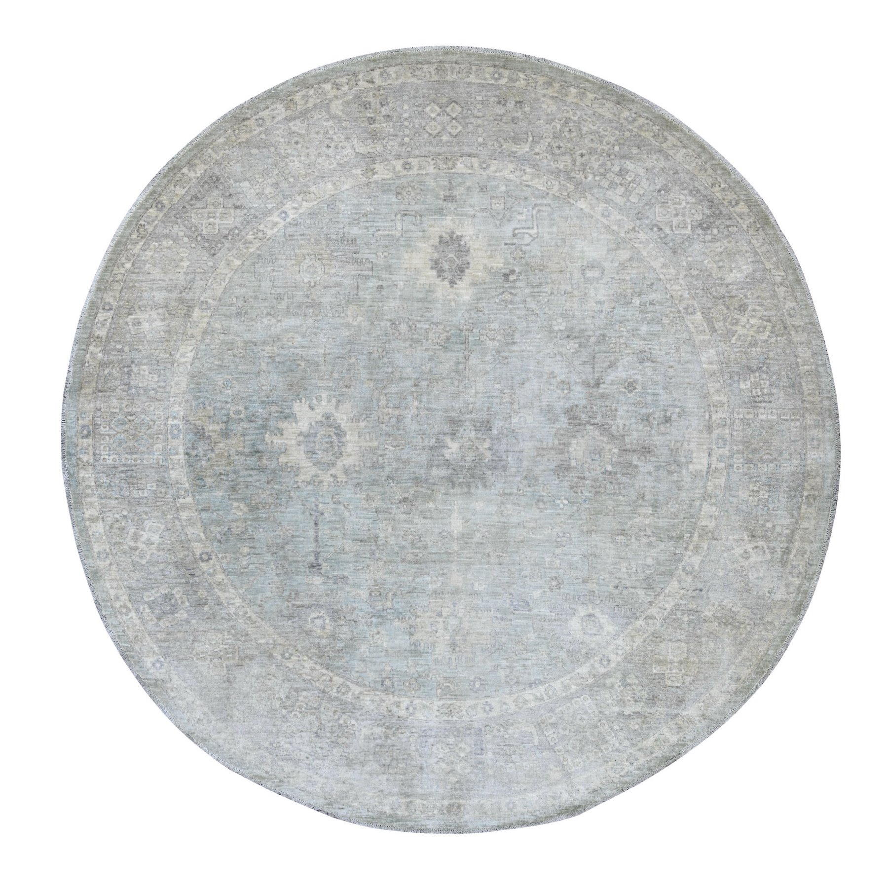 7'9"x7'9" Beau Blue, Washed Out Peshawar with Ziegler Mahal Design, Hand Knotted, High Mountain Wool, Densely Woven, Round, Oriental Rug 